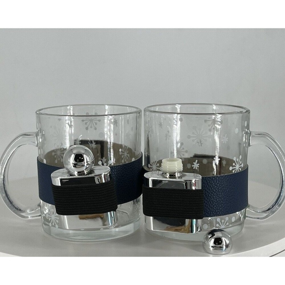 Christmas Coffee Mug W/Plastic Flasks White Snowflake Pattern Setting Navy Strip